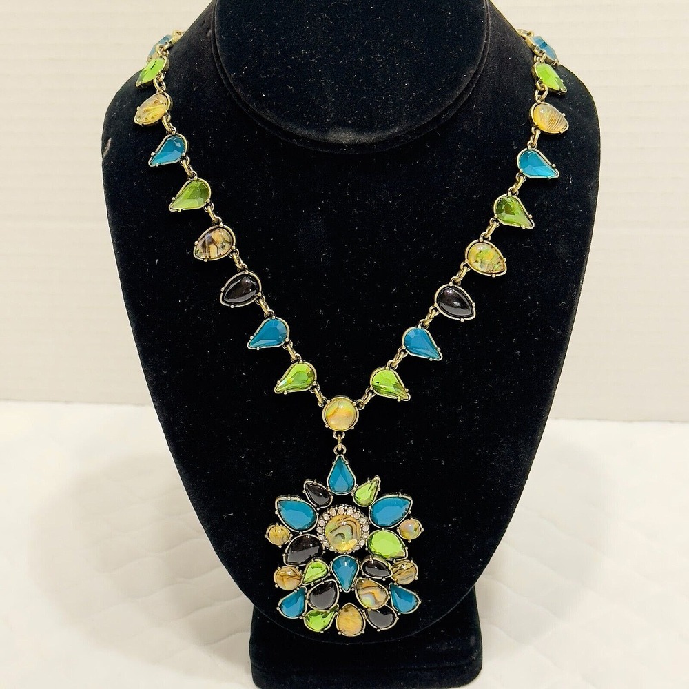 LOGO LORI GOLDSTEIN STATEMENT NECKLACE BLUE GREEN LINKS PENDANT ANTIQUED GOLD
